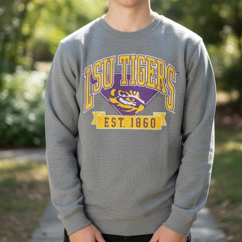 LSU Tigers NCAA College Sweatshirt Crewneck Mens‎ Large Gray Purple Yellow